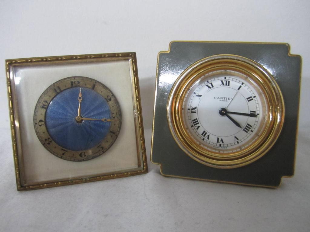 2 Desk Clocks - Cartier and Enameled Dial: Both Swiss, enamel as is.
