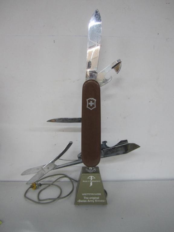 Vintage "Victorinox" Swiss Army Knife Display: Vintage "Victorinox" Swiss Army Knife Display in working order with electrified moving parts. 35" tall when blade fully open.