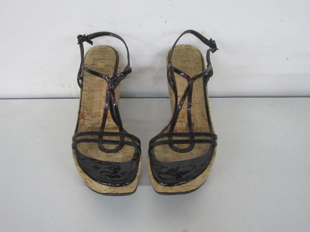 Pair Stuart Weitzman Cork Wedge Heel Shoes: Pair Stuart Weitzman Cork Wedge Heel Shoes Brown patent leather straps. Size 7.