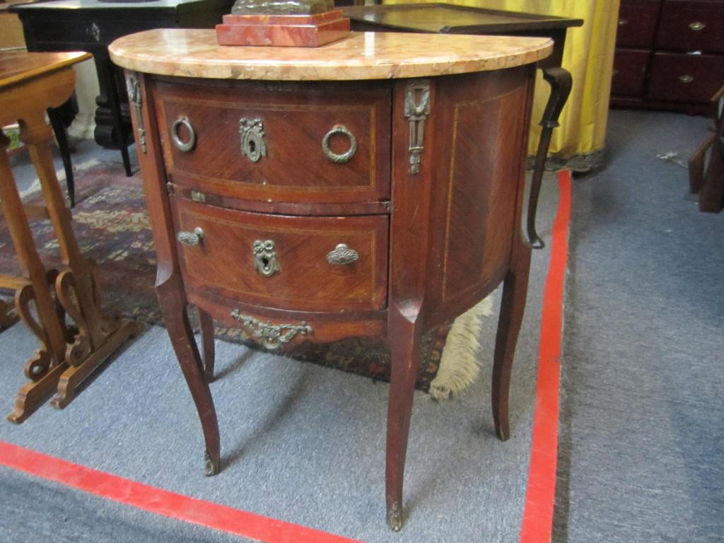 Antique French Demi-Lune Commode: Antique French Demi-Lune Commode Beveled marble top and all around inlays. Bronze mounted.