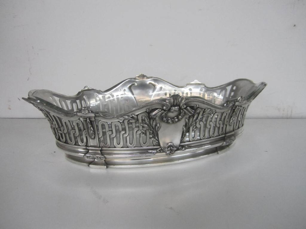 Early French O. Gallia Centerpiece: Circa 1920's. Highly decorative centerpiece with a fitted glass insert. Silver Plate. 9.5 X 17 X 5" tall.