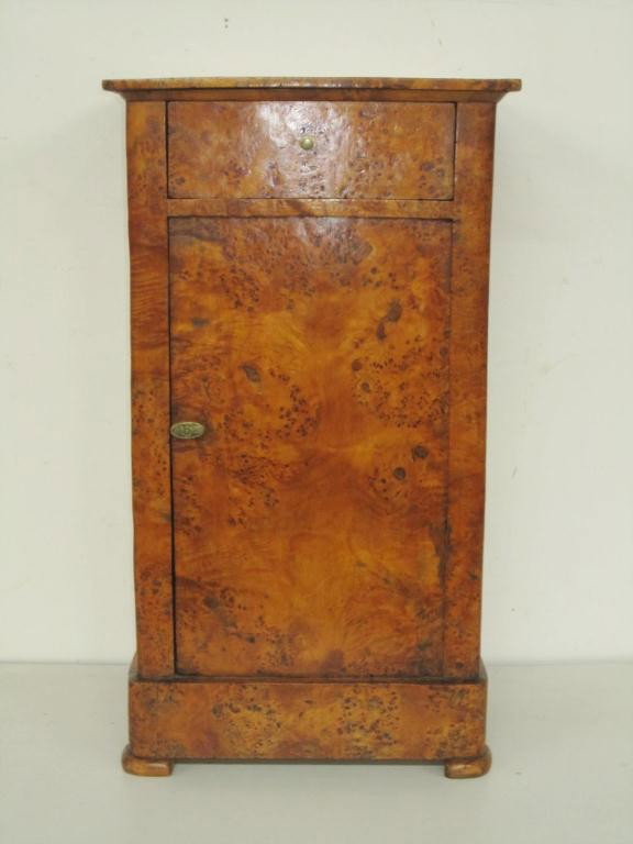 Antique Biedermeier End Commode: Overhang top above drawer and door. Burled wood facings. 13 X 16W X 28 tall.