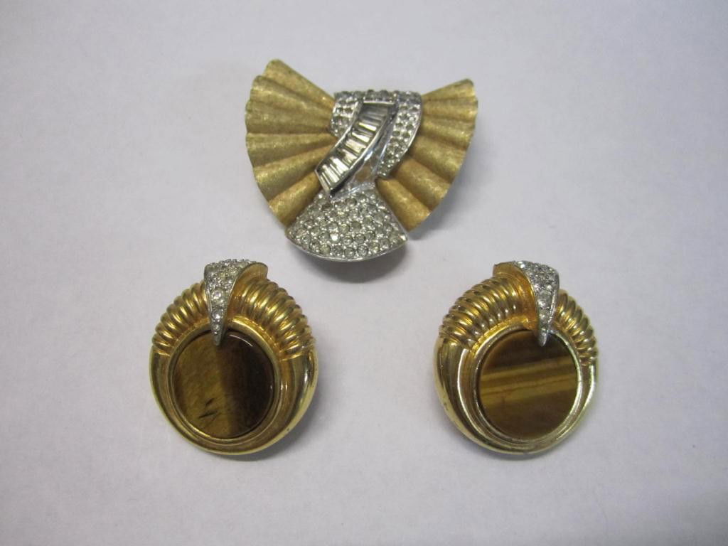 Pennino Brooch and Pair Joseph Mazer Earrings: Earrings with Tiger's Eye.