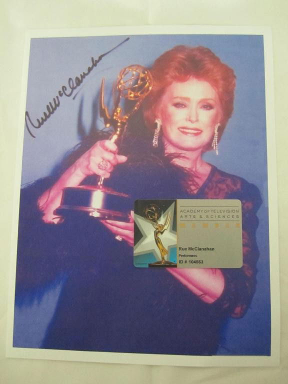 Rue's Academy of TV Arts & Sciences ID Card: Rue McClanahan's Academy of Television Arts & Science Membership ID card; together with a picture of Rue winning the Emmy in 1987