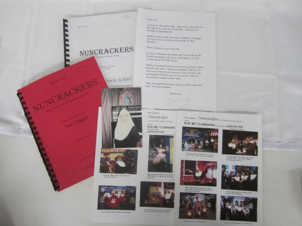 Nuncrackers, the Nunsense Christmas Musical" Lot: red covered bound prompt book from the television taping of the stage production, containing Rue's penciled in notes and John Ritter's phone number; white covered television script inscribed "Rue" on