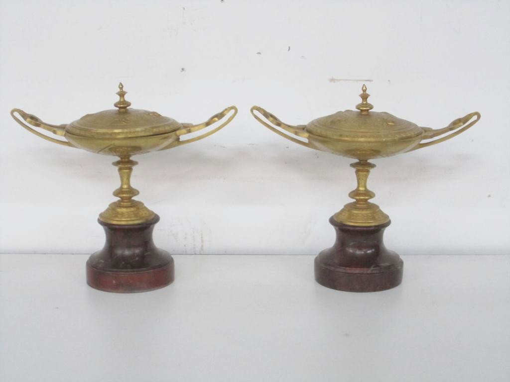 Pair Art Nouveau Brass Tazza: on marble plinth bases. All over incised details and wide covers. 10" wide X 9" tall.