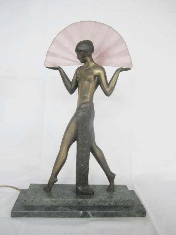 2 Frankart Style Standing Art Deco Metal Lamps: Standing female figures, one with fan form glass shade.