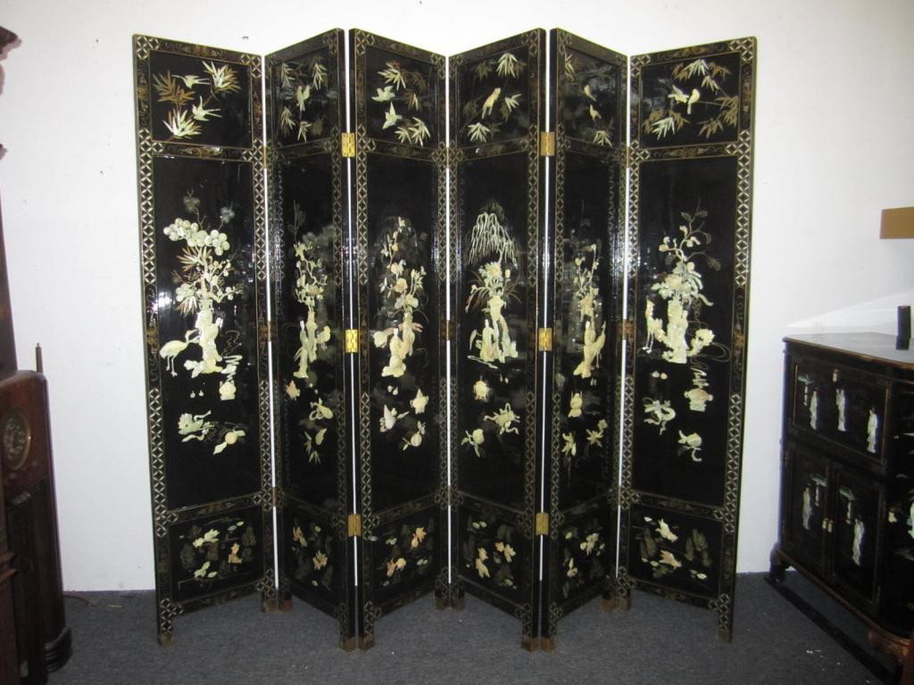 Chinese 6 Panel Floor Screen: Mother of Pearl figural mounts of women in landscapes and painted. 84" tall X 18" each panel.