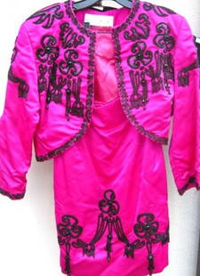 Pilar Rossi Bright Pink Silk Cocktail Suit: with black beaded trim. Size 40.