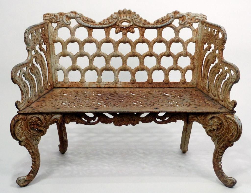 Victorian Cast Iron Garden Bench: "C" Scroll arms and bow front legs. 40 x 15 1/2 x 33