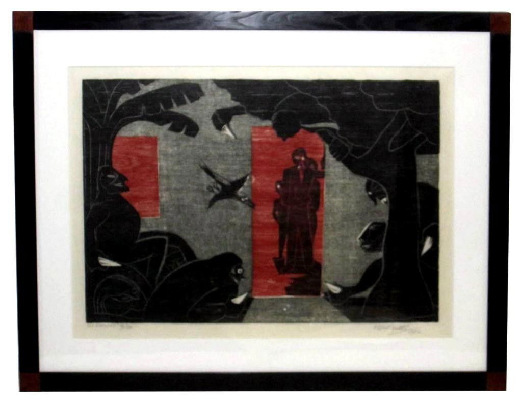 Francisco Amighetti (Costa Rican 1907 - 1998): “Los Asesinos” lithograph by Francisco Amighetti, 1982 Costa Rica - Number 41/50. Art: 19" x 26", Frame: 29 x 35 1/4"
