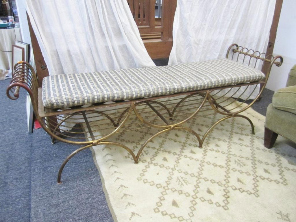 Mid-Century Gilt Wrought Iron Window Bench: triple seat length and base with roll arms and a pad cushion. 65 X 18 X 24 tall.