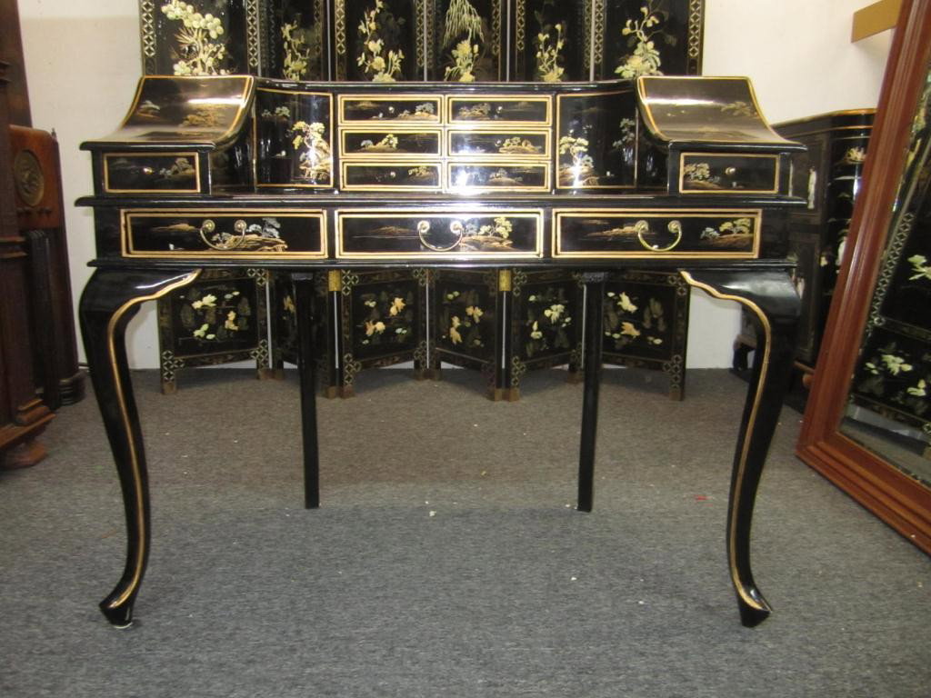 Chinese Carlton House Style Desk: Rounded superstructure top with 3 base drawers. Nice condition. Finished back. 48 X 24 X 40" tall.
