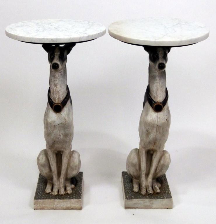 Pair Cast Iron Whippet Lamp Stands: Painted cast iron with removable round marble tops.