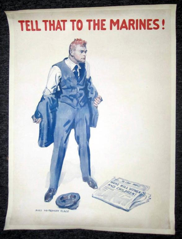 James Montgomery Flagg Repro Poster Litho: Poster lithograph by James Montgomery Flagg "Tell That To The Marines", 41 3/4" x 31" - laid down on canvas. No Publisher marks.