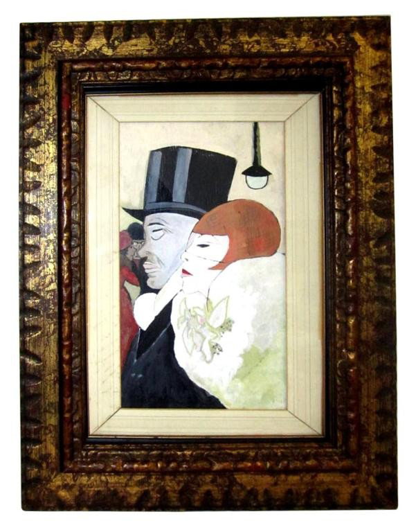 Unsigned Oil - German Aristocratic Couple Profile: Oil painting of German couple man with top hat and woman under lamp. Art: 13" x 7 1/2", Frame: 22" x 17"
