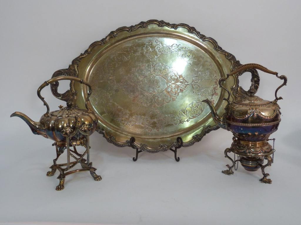 (3) Assorted Lot of Silver Plated Items: 2 Tea kettles on burner stands and a large silver plated tray.
