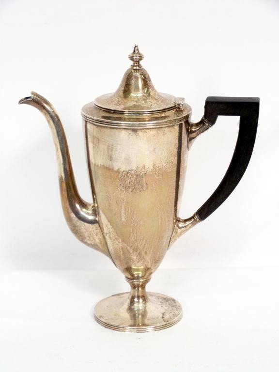 Tiffany & Co. Sterling Silver Tea Pot: with wood handle bearing the "m" mark of John C. Moore (circa 1908 - 1947).