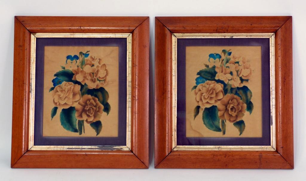 Pair Victorian Floral on Velvet Framed Pictures: in maple frames. Late 19th Century.