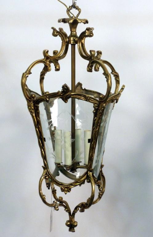 French Style Bronze Lantern Fixture: Etched glass panels. 27" tall.