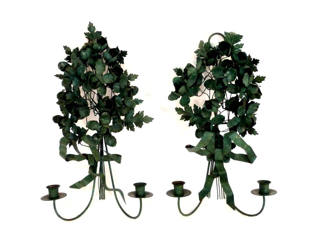 Pair Green Painted Tole 2 Arm Sconces: leaves and flowers with bow knot ribbon. 11" tall.
