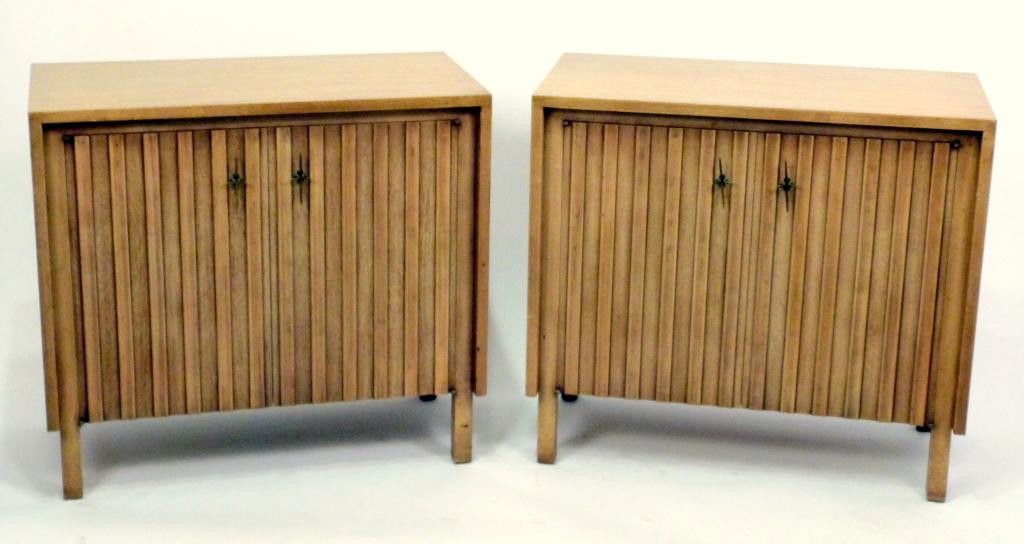 Pair Mid-Century John Widdicomb Chests: faux tambour doors with star form handles on straight feet. Labels on back one saying Wm. Berkey a division of Widdicomb.