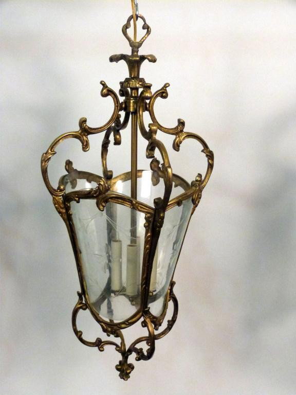 French Style Bronze Lantern Fixture: Etched glass panels. 29" tall