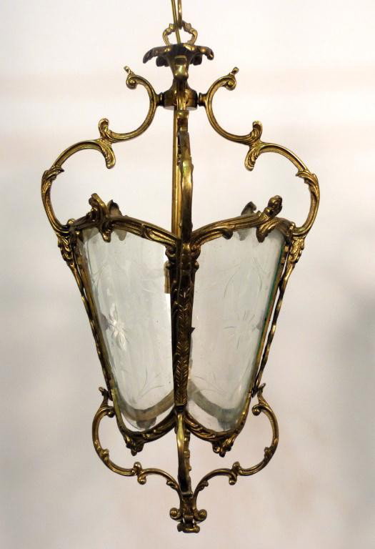French Style Bronze Lantern Fixture: etched glass panels. 27" tall.