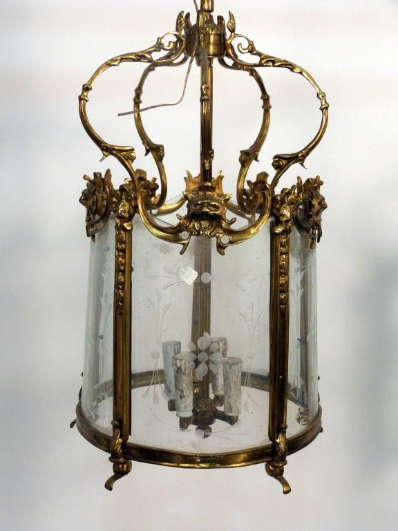 French Style Round Bronze Fixture: Curved etched glass panels. 29" tall X 15 diameter.