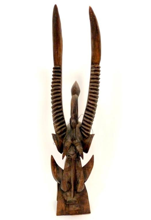 African Senufu Tribe Waniuso Mask ***: Tall antlered sculpture with interesting details. 34" H x 9" W *** African, ivory coast, Senufu tribe carved wood Waniugo firespitter mask.