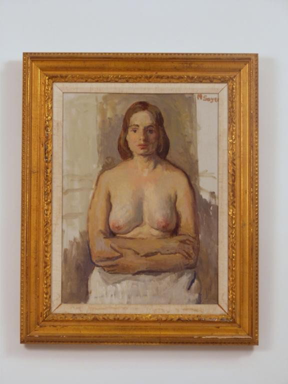 Moses Soyer - Oil on Canvas - Study of a Nude: Nude woman. Signed upper right. 15 1/2 X 11 1/2 (21 X 17) * ACA Galleries Label on back.