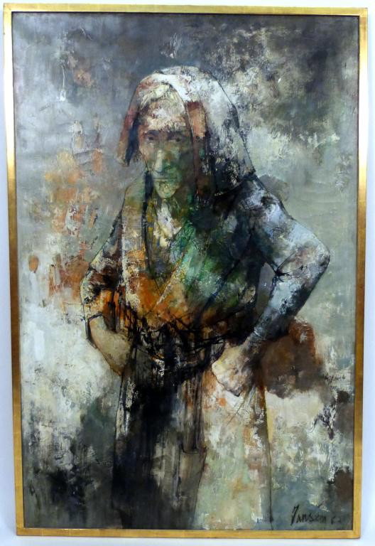 Jean Jansem, (French, b. 1920) - Oil on Canvas: Study of a woman. Signed lower right Jansem '63 - Inscribed on verso "Jansem 21 Rue du Moulin de Pierre ..... " - 57" X 37" (59 X 39 framed) * Small paint chips - 1 under arm and 1 behind head