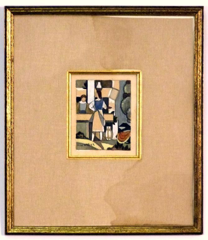 Attr Max Weber (American,1881-1961) - Mixed Media: Figural scene, signed lower left. 4 3/4" X 3 1/2" (12 1/4"H X 10 1/2"W)