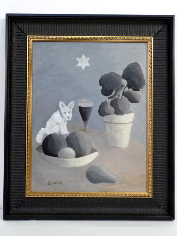 Michel Kikoine (French, Russian 1892-1968) - Oil: Oil on Canvasboard - Table still life with Star of David and white dog. Signed lower right. 17 1/2 X 13 1/2 (23 X 19)