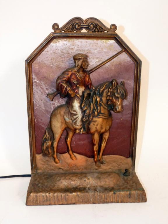 Cast Iron and Tole Faced Night Lamp: panel depicting an Arabic Knight on horseback. (Working order) 9 X 4 X 14 tall.