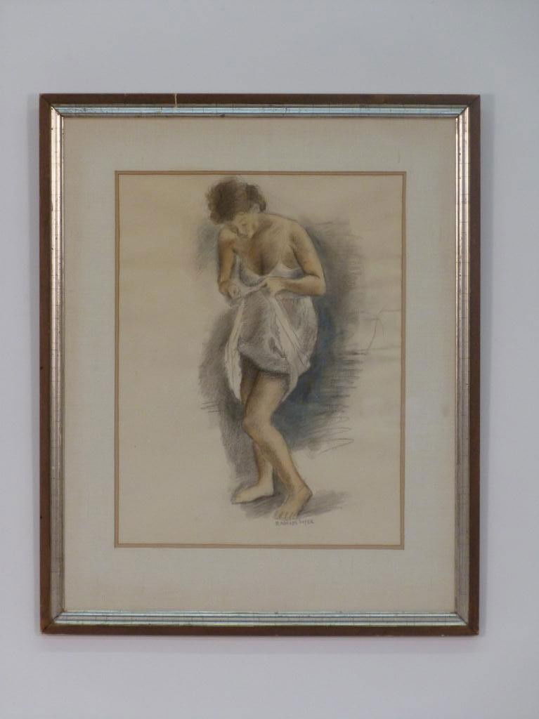 Raphael Soyer - Mixed Media Study: Of a semi-nude woman. Signed lower middle. 18 1/2 X 13 (27 X 22)
