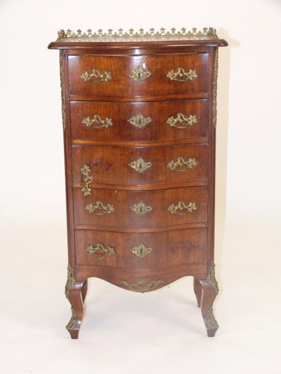 Antique French Petite Stack Commode: burled wood with bronze mounts and 1/2 gallery top. 17 1/2W X 12D X 32 1/2 tall. 8 East 83rd Street Estate
