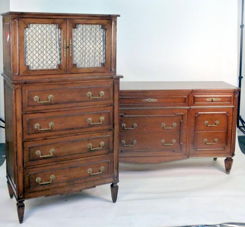 2 Piece Auffray & Co. French Bedroom Set: Classic Auffray brass block frame handles and paper lined drawers. Very good condition. Tall Chest - 17D X 33W X 62 tall Dresser - 20D X 72W X 35 tall. 425 East 58 Street Estate