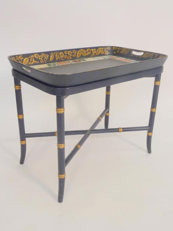 Regency Style Tray Top Coffee Table: removable decorated tray top on a gilt trimmed faux bamboo base. 425 East 58 Street Estate