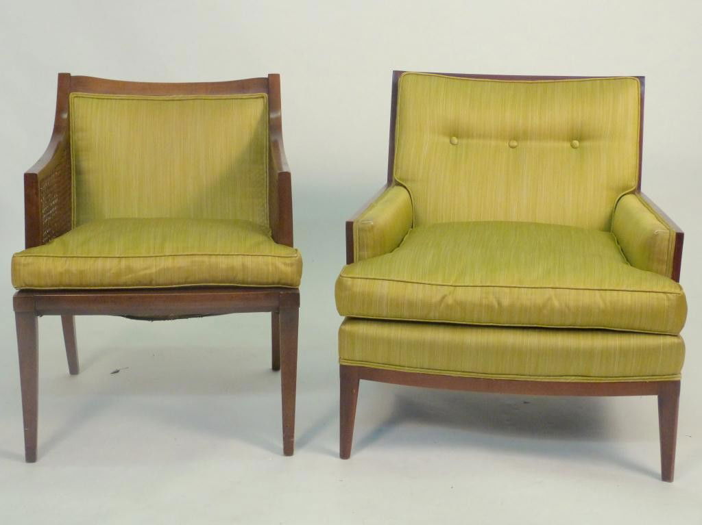 2 Mid-Century Arm Chairs with Matching Upholstery: Left - Caned arms Chair - 21W X 25D X 30 tall Button tufted back club chair - 27W X 32D X 30 tall. Matching silk upholstery - 8 East 83rd street estate