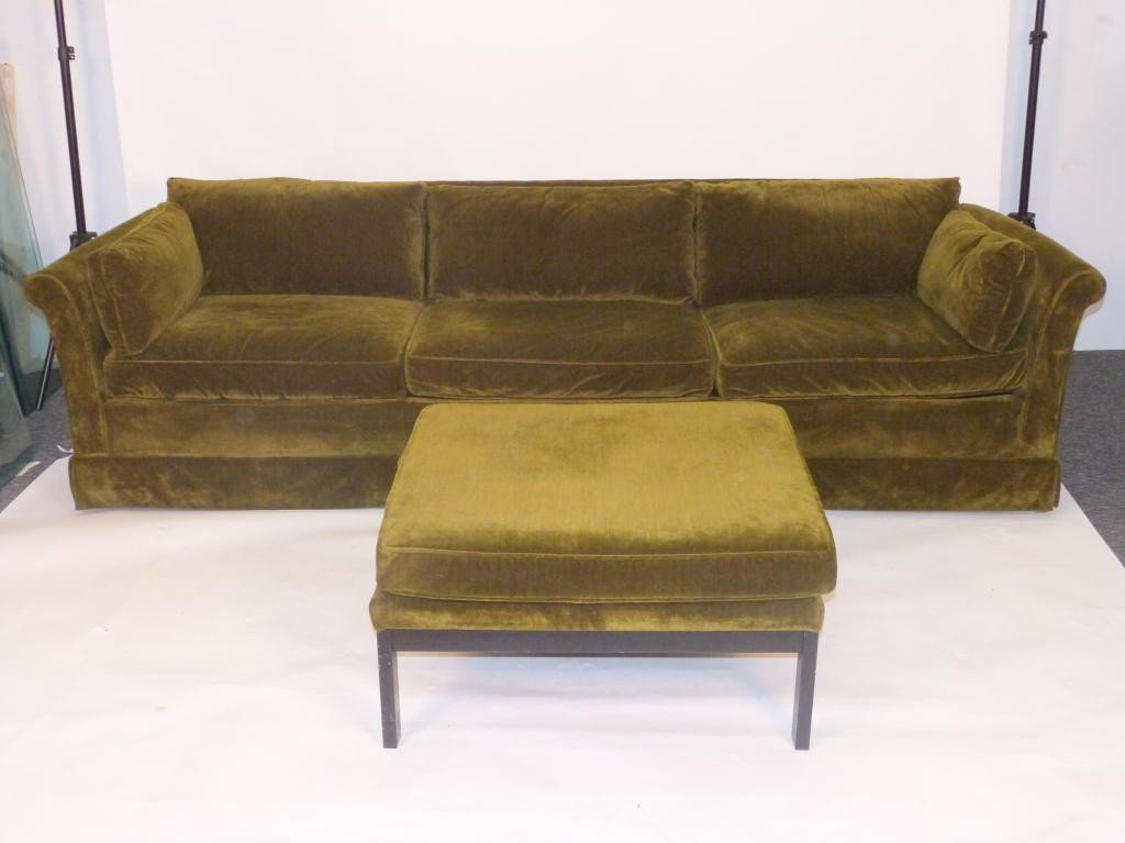 John Stuart Mid-Century Sofa: Green velvet upholstered - 97W X 33D X Matching upholstered ottoman on an ebonized metal frame (Not marked John Stuart). 8 East 83rd Street Estate