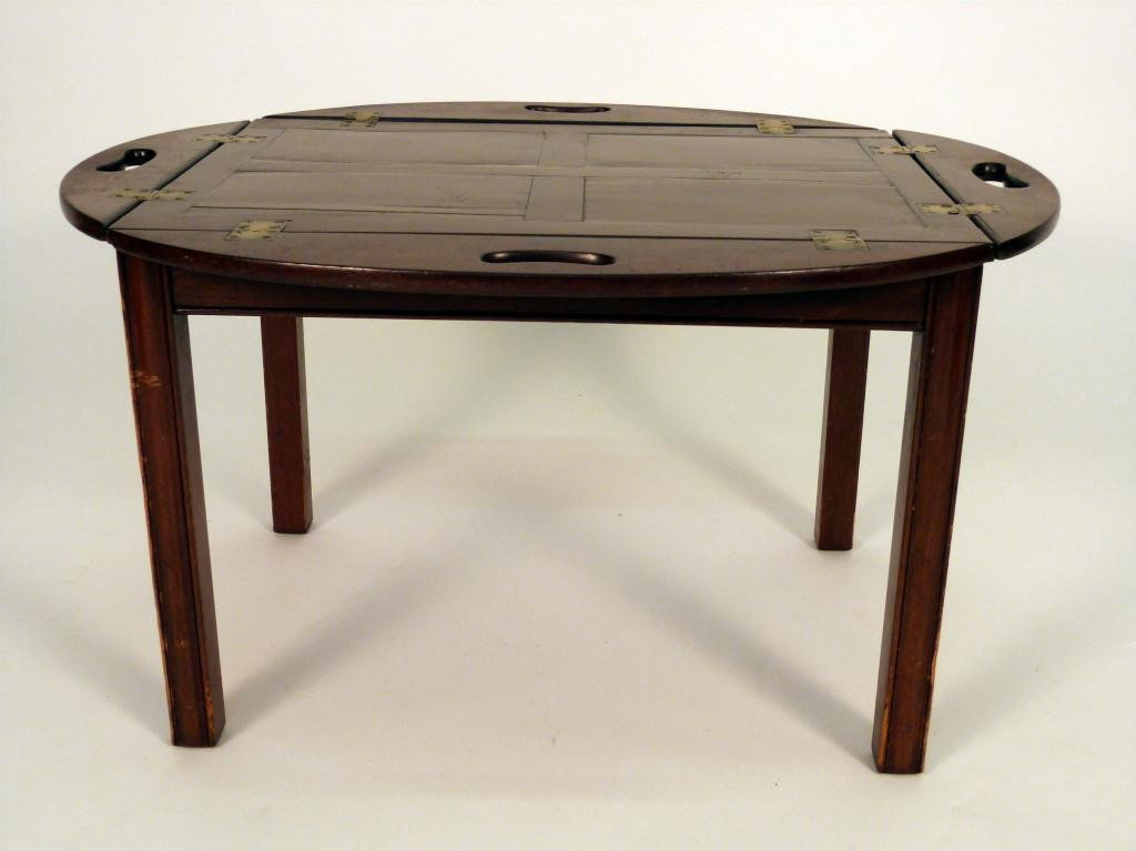 Georgian Style Butlers Tray Top Coffee Table: hinged handle flaps on parquetry tray, on newer straight leg base. 26 X 18 X 18 (4 flaps)"
