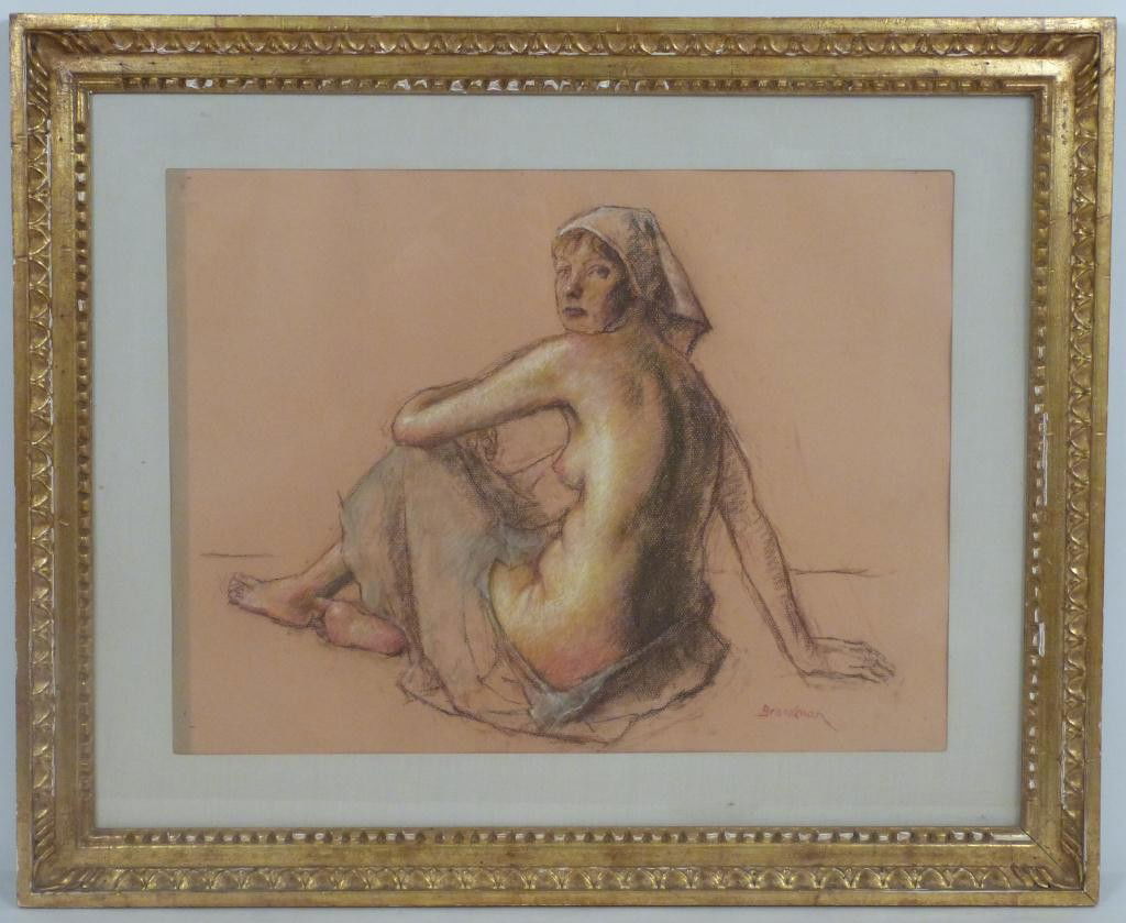 Robert Brackman (Amer. 1898-1980) - Drawing: Colored Charcoal on Paper - Semi-Nude woman with headwrap. Signed lower right in red Brackman - 18 X 24 (27 X 33) with history / biography on back. 8 East 83rd Street Estate