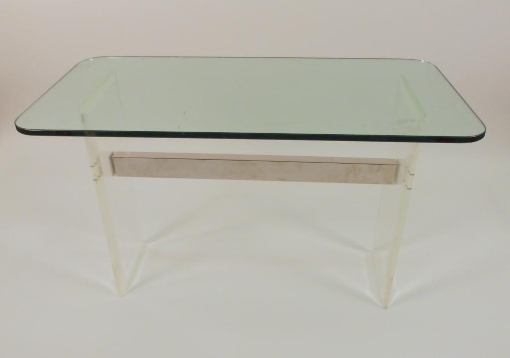 Lucite, Chrome and Glass Top Console: Chrome stretcher joining 2 lucite posts with a thick glass top. 24 X 48 X 29 1/2 tall. In the Knoll manner.
