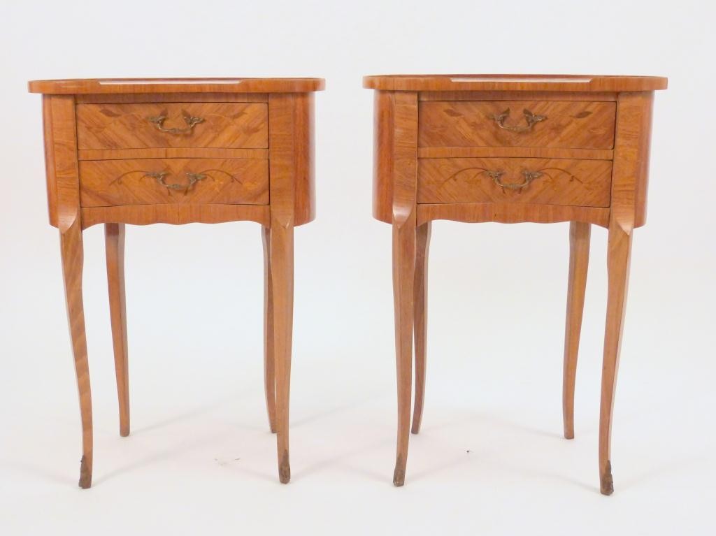 Pair Italian Kidney Shaped Petite Commodes: 2 drawers each with all around parquetry and marquetry inlays. 3/4 lip gallery tops. 10 1/2 X 18 1/2 X 26 tall.