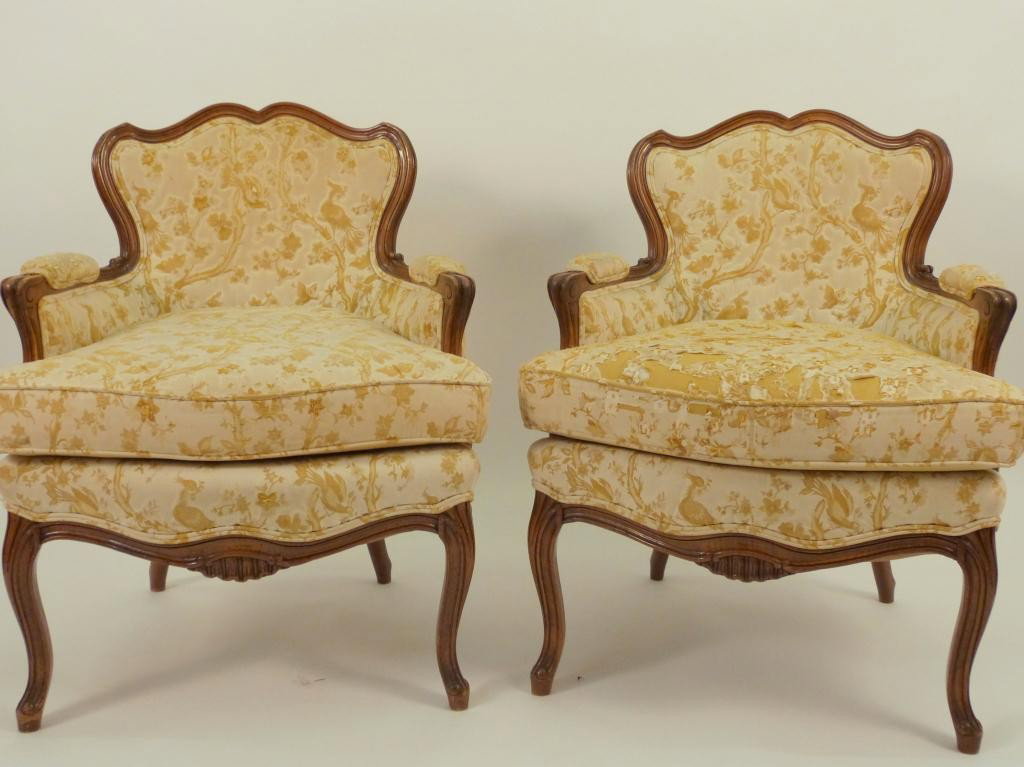 Pair Country French Style Bergeres: Nicely shaped back rails. Needs reupholstering. 26D X 27W X 35 tall.