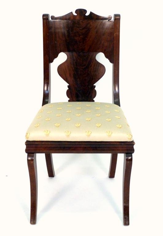 Magnificent Pair American Empire Side Chairs: Open fiddle backs and architectural tops. Upholstered seat. 18 X 18 X 34 tall. Estate of Stephanie Queller. 2nd of the pair (not shown) has a broken and repaired back finial.