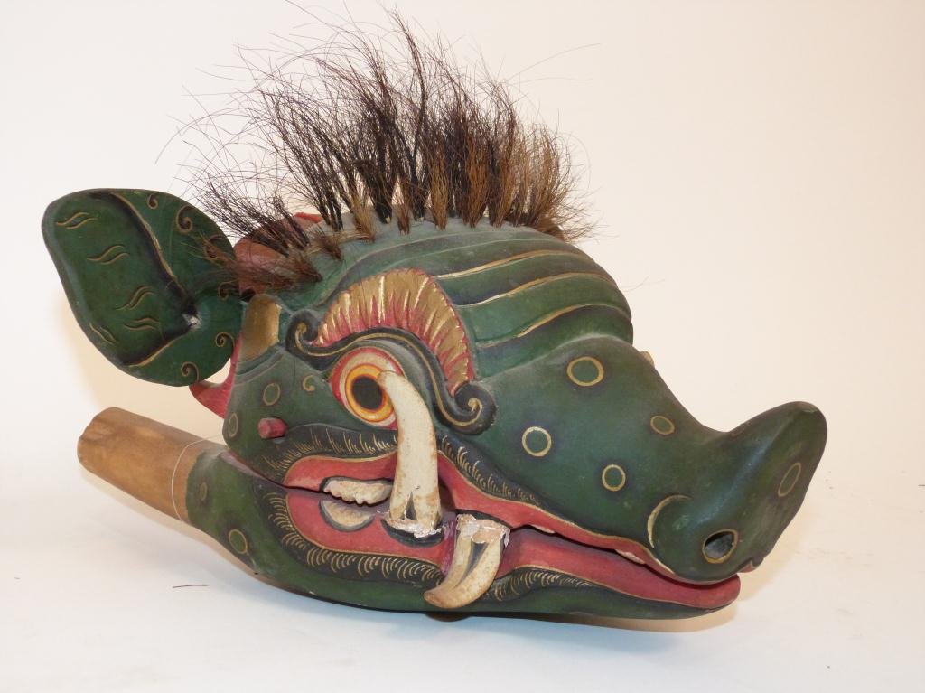 3 African and Ethnic Masks: Polynesian painted 14 X 14", Boars head puppet 14 X 14 X 7 tall and a bearded bamboo face 22" total."