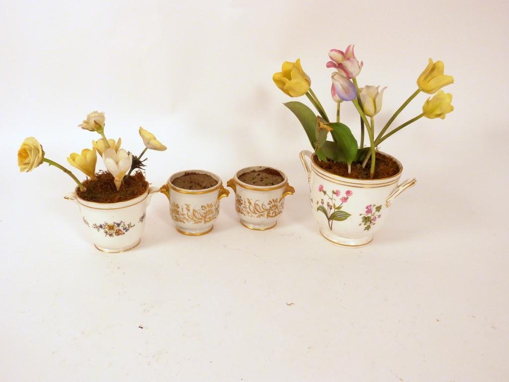 4 Porcelain Cache Pots - 2 Minton and: pair Limoges. (Porcelain flowers all as is). Tallest cache pot 6 tall."