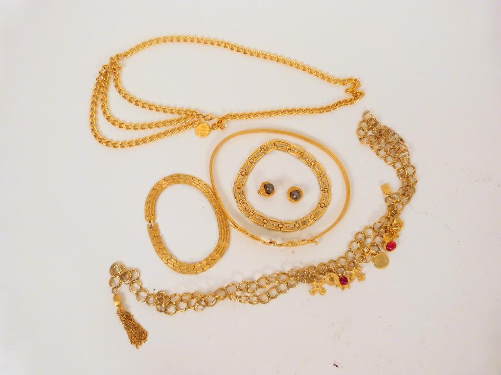 Gold Tone Costume Jewelry Lot -: 2 Belts (one with charms), 3 necklace (chokers) and pair earrings.